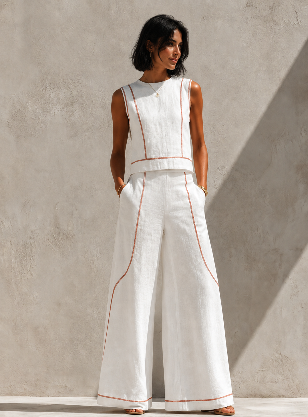 Vittoria | Conjunto blanco con top sin mangas y pantalón de pierna ancha